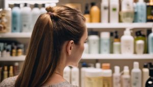A close-up of a scalp with thinning hair surrounded by hair care products.