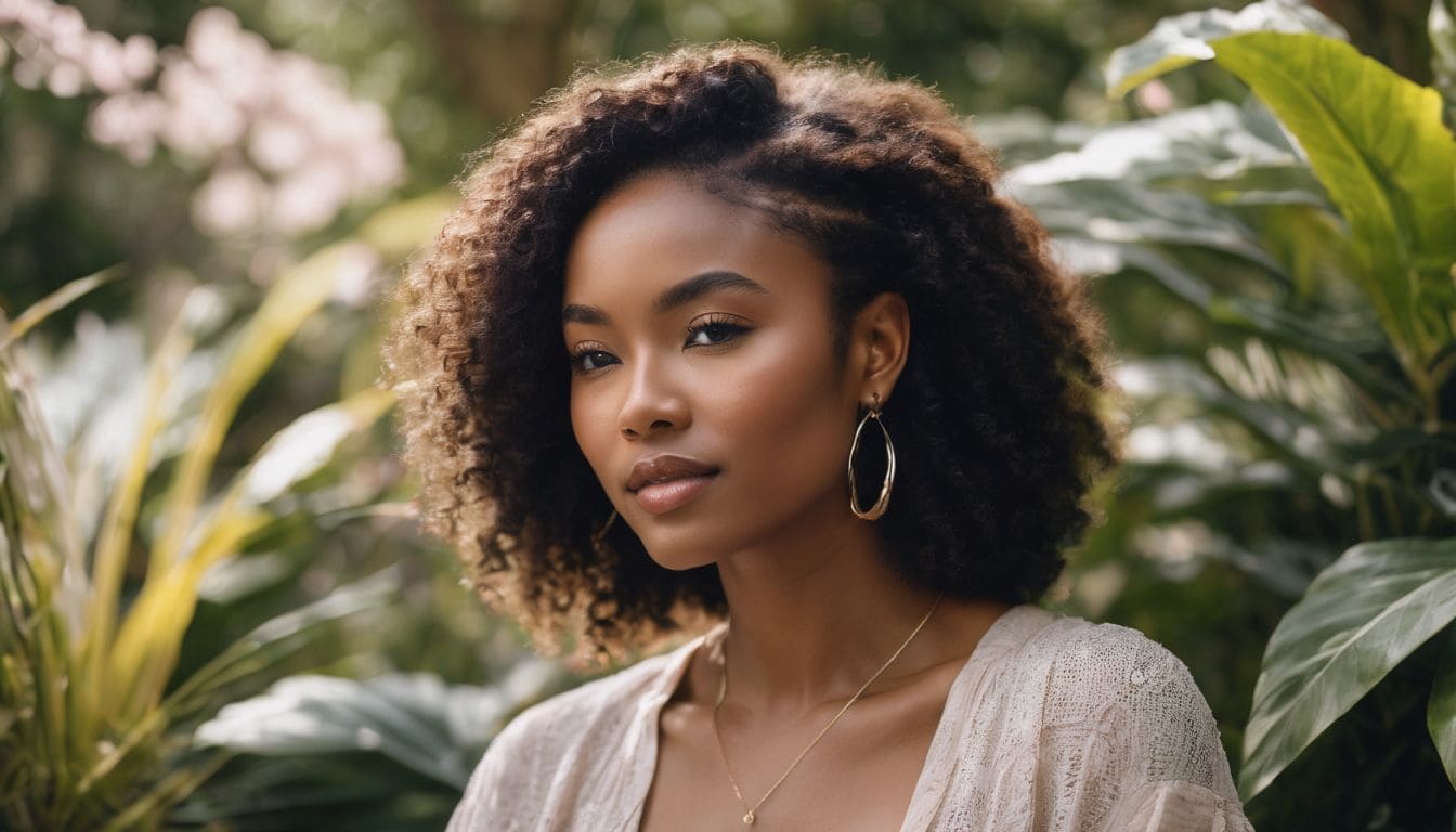 A woman applying natural hair stimulant in a botanical garden.