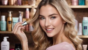 A woman looking surprised while brushing her hair surrounded by hair care products.