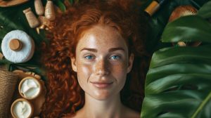 A woman with healthy, shiny hair surrounded by natural hair care products.