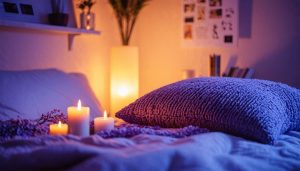 A cozy bedroom promoting better sleep and healthier hair with lavender candles and soothing music.