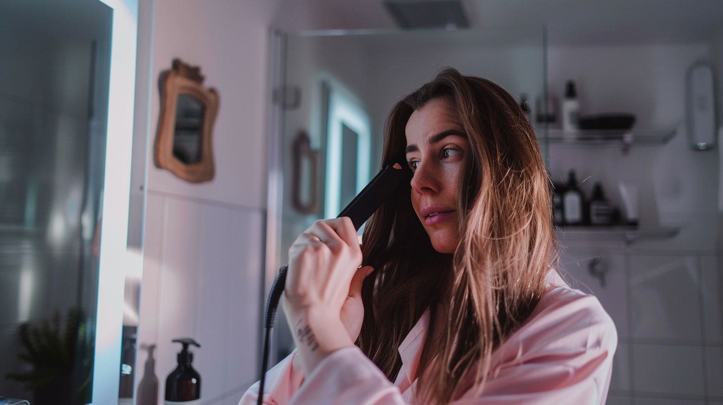 A woman holding damaged hair and a flat iron at home.