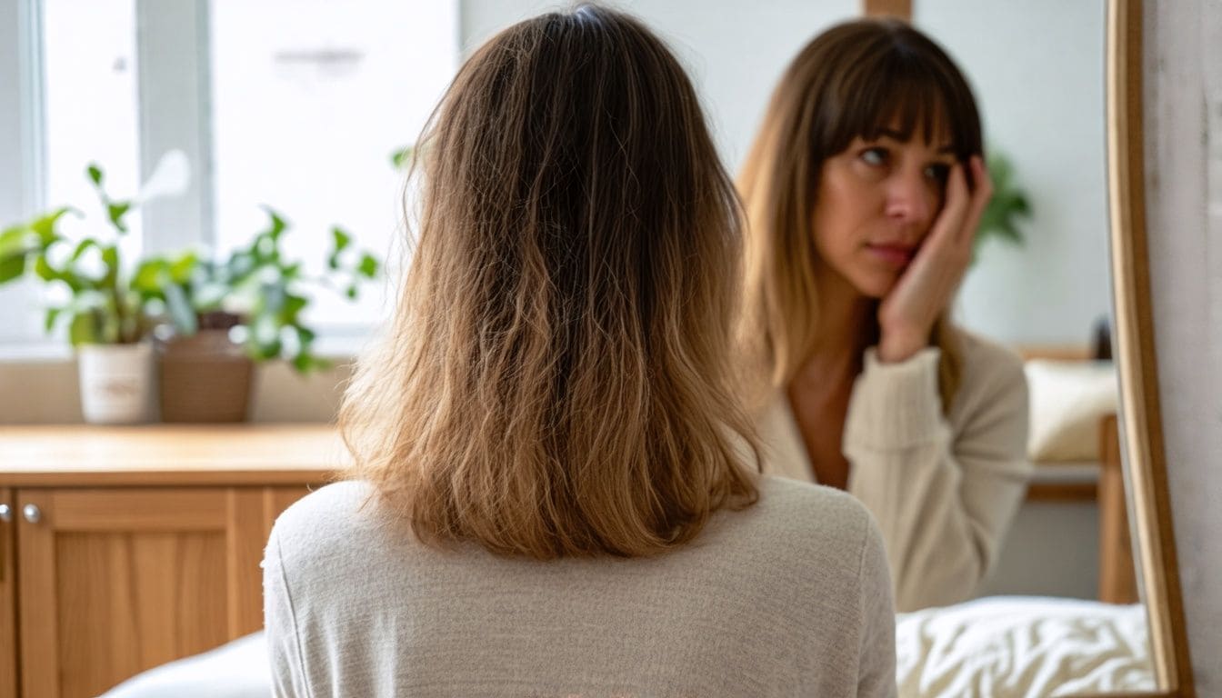 A new mother's concern over postpartum hair loss reflected in a photo.