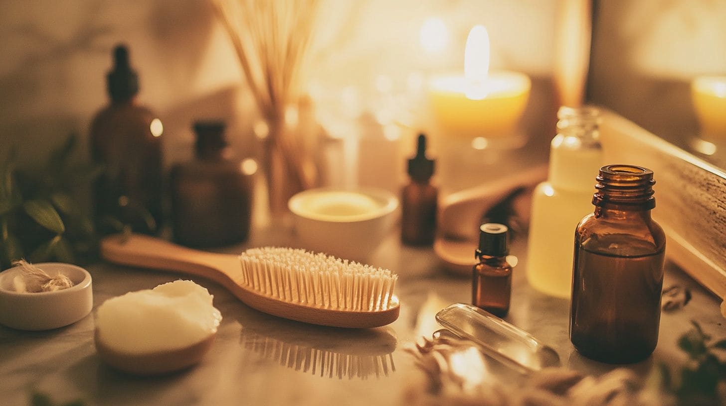 DIY natural hair care routine set up on bathroom counter.
