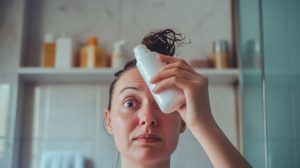 A person in their 30s holding alopecia hair shampoo in a modern bathroom.