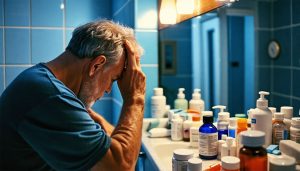 Middle-aged person examining hair with scattered prescription medication bottles.