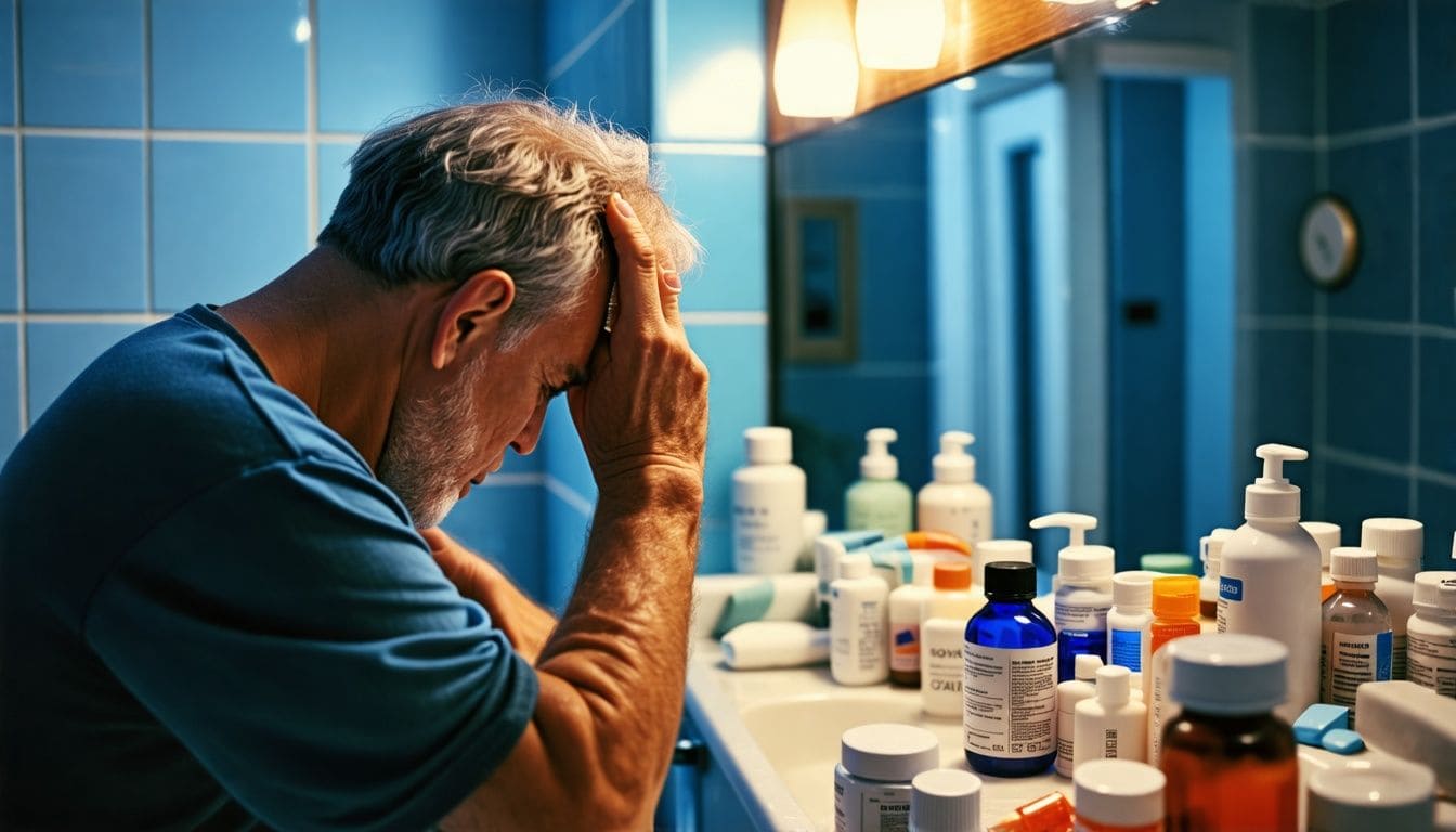 Middle-aged person examining hair with scattered prescription medication bottles.