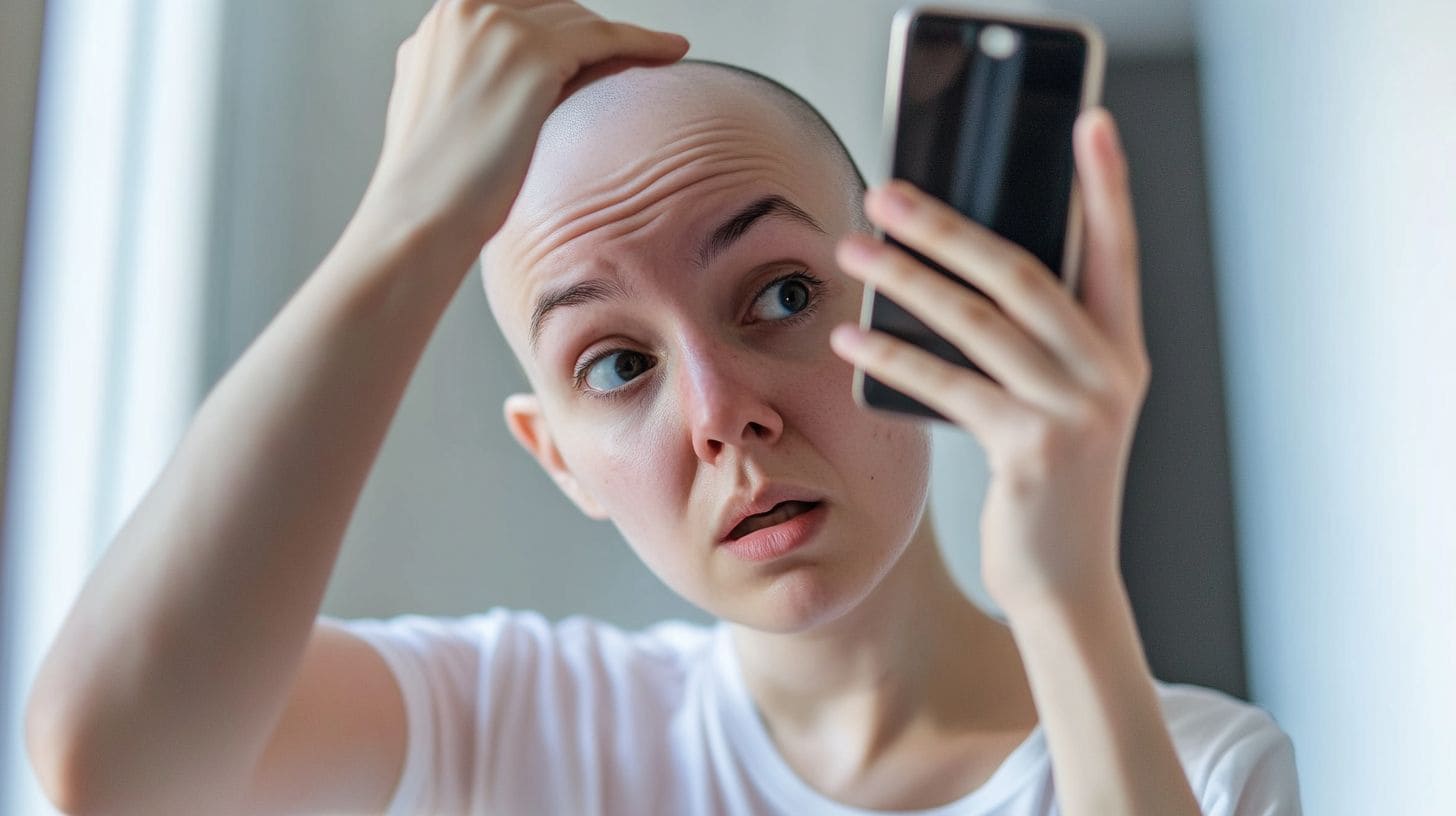 A person with alopecia areata looks concerned while examining bald patches.