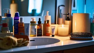Cluttered bathroom counter with hair care products, vitamins, and a lit candle.