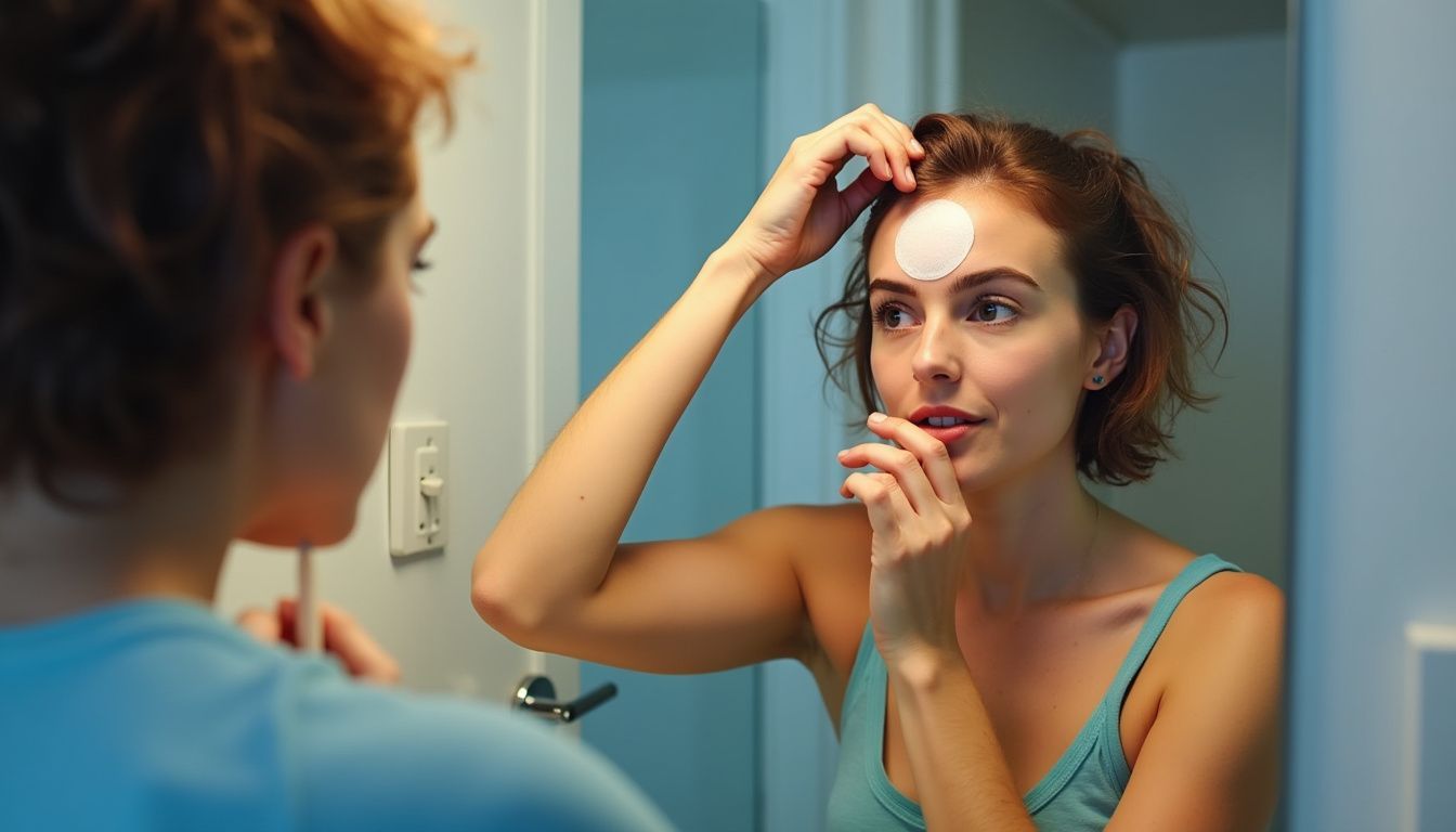 A person applying a microneedle patch for alopecia areata in a bathroom.