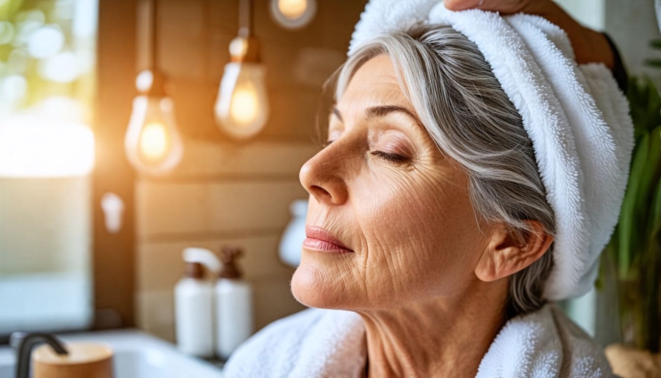Middle-aged woman applying nourishing scalp treatment for hair loss in bathroom.