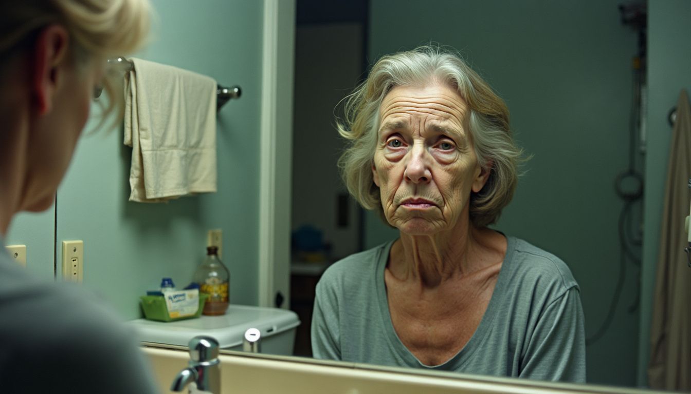 An older woman sitting in a cluttered bathroom with a frown.