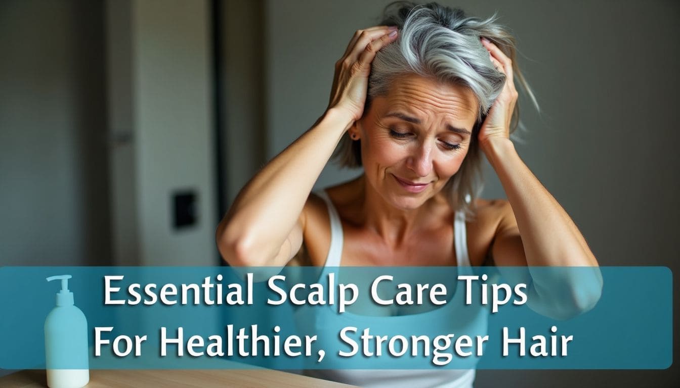 Middle-aged woman massages scalp with natural oils for healthier hair.