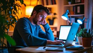 A man in his thirties appears stressed while researching Post-Finasteride Syndrome symptoms.