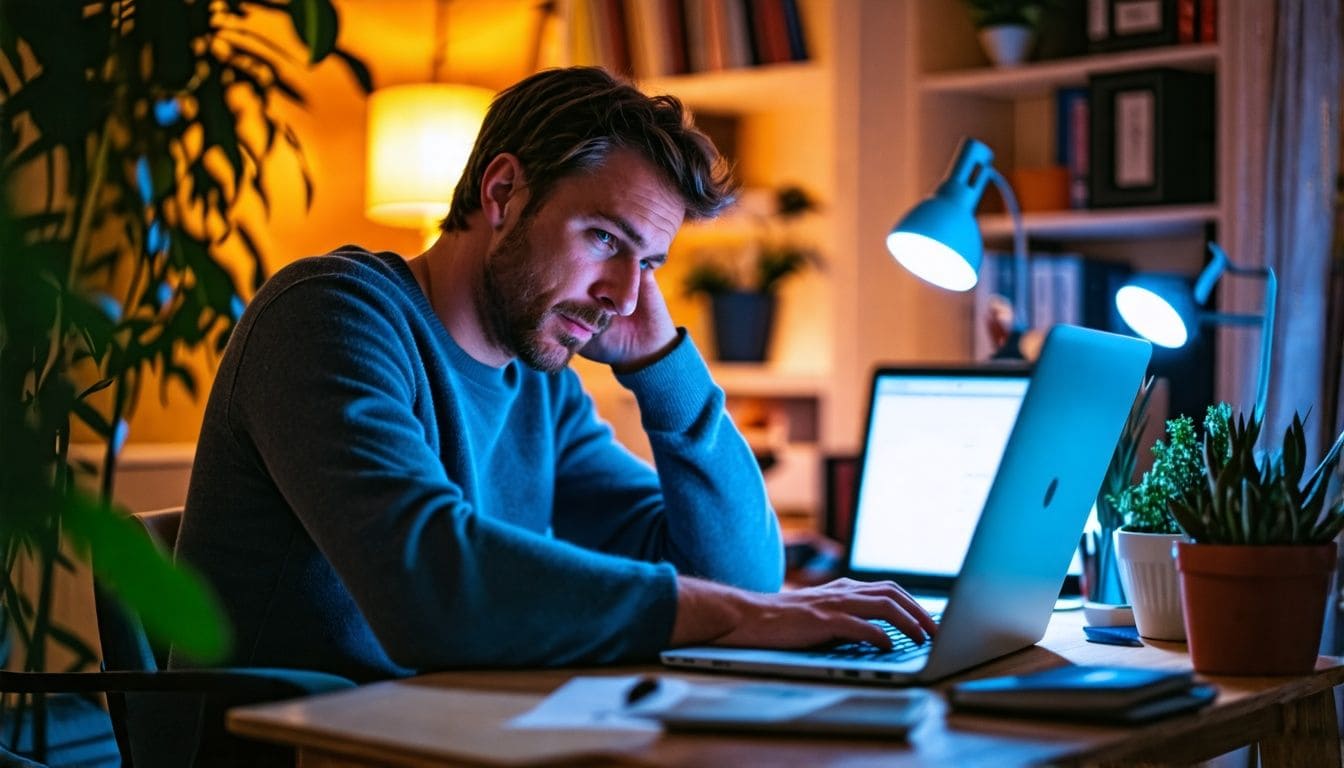 A man in his thirties appears stressed while researching Post-Finasteride Syndrome symptoms.