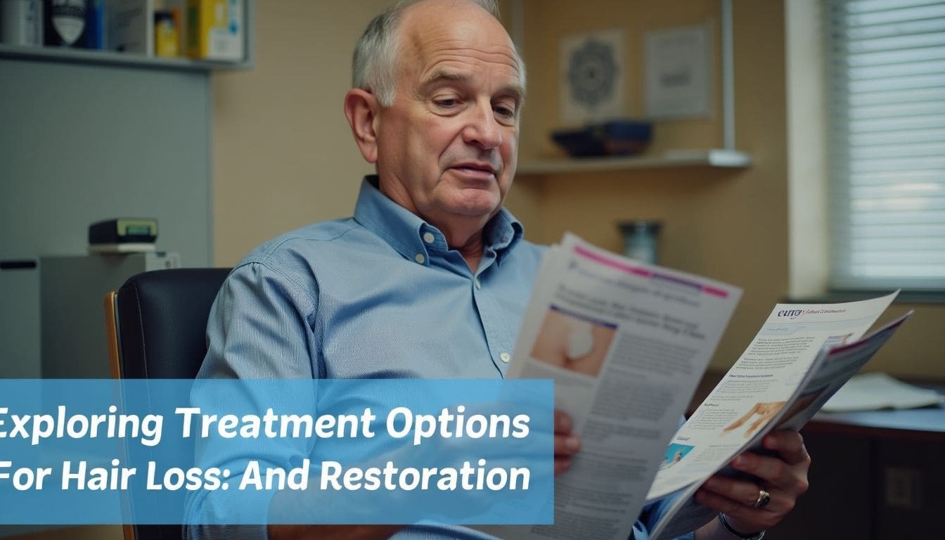 Man explores hair loss treatment options at dermatologist's office.