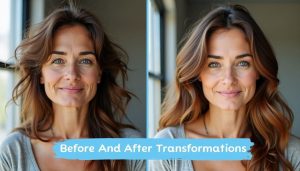 Before and after hair transformation using specialized hair care product.