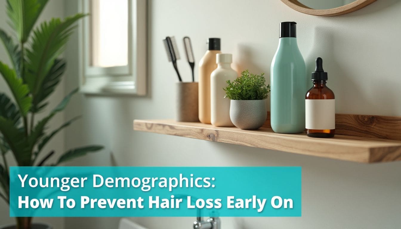 The image shows a modern bathroom shelf with natural hair care products.