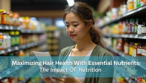 A woman reads a nutrition label for hair health in a store.