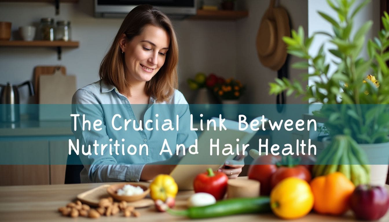 A woman reading a book about nutrition and hair health at home.